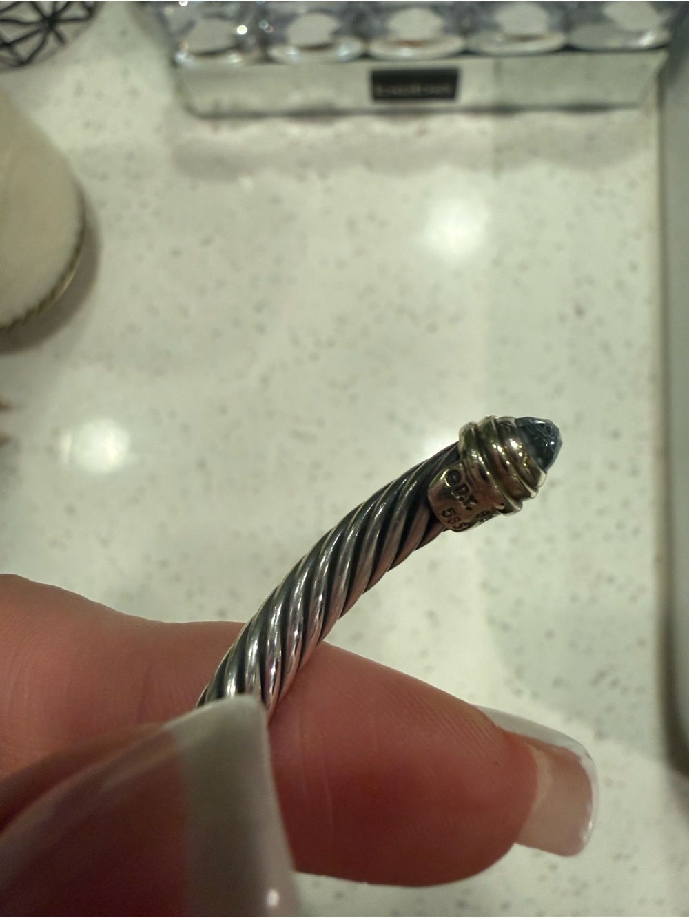 David Yurman Two-Tone Cable Cuff Bracelet with Blue Gem Tips - Picture 4 of 4